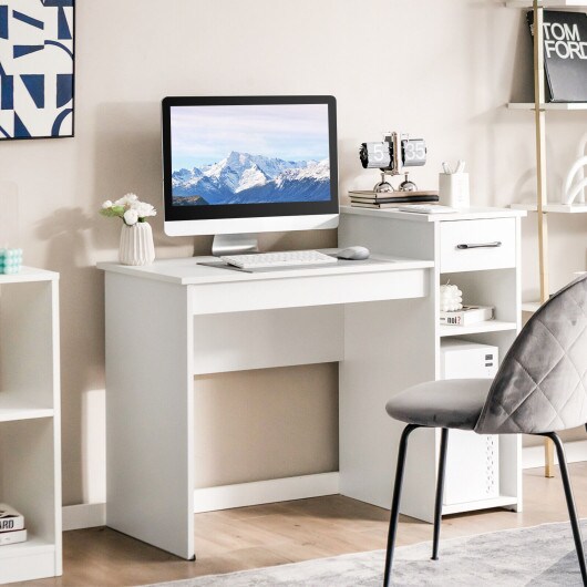 White Computer Desk PC Laptop Table with Drawer and 2-Tier Storage Shelf