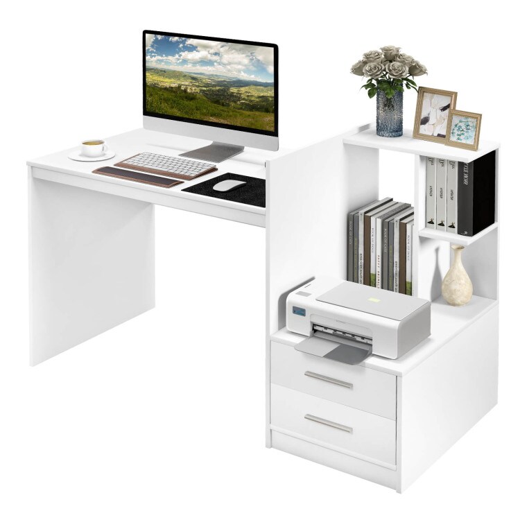 White Computer Desk with Drawers and Bookshelf 51" Home Office Writing Table with Storage