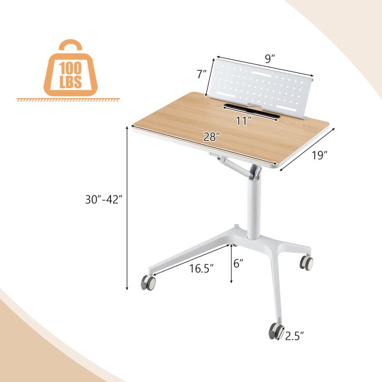 Height Adjustable Mobile Standing Desk with Detachable Holed- Natural
