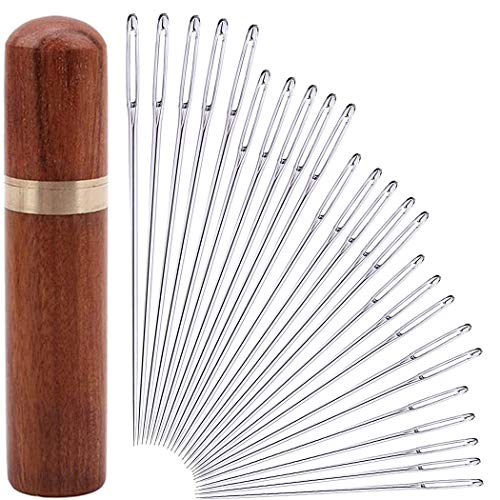 25 Pcs Hand Sewing Big Eye Needles Sharp Needle,with Solid Wood Needle Case for