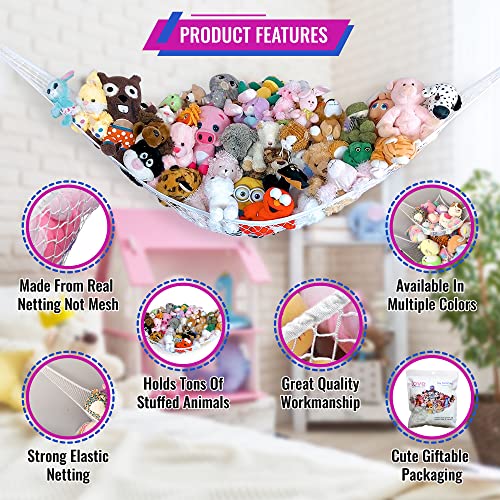 Large Stuffed Animal Net Hammock for Plushie Toys | Corner Hanging Organizer for your Teddy and Stuffy Collection | Easy to Hang w/Included Anchors & Hooks (White)