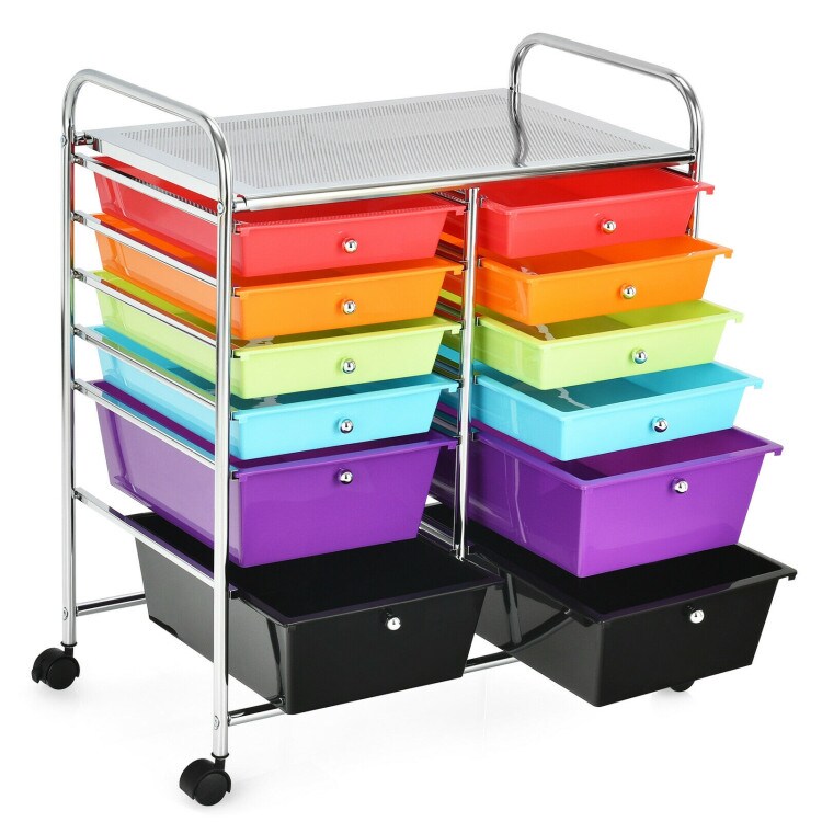 Mobile 12-Drawer Storage Organizer Cart with Ventilated Top Locking Wheels and Sturdy Frame