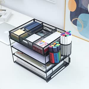 4 Tier Paper Letter Tray Organizer with Drawer and Pen Holder, Mesh Desktop Organizer Storage for Office Supplies (Black)