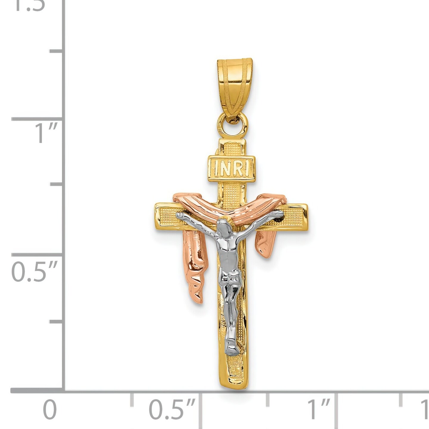 14K Tri-Color Gold Diamond Cut Inri Crucifix Pendant Charm Jewelry 39 x 18 mm