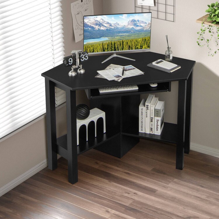 Wooden Study Computer Corner Desk with Drawer and Slide-Out Keyboard Tray