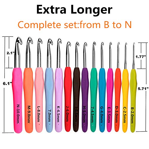 14 Size Crochet Hooks Set,MultiColor,2mm(B)-10mm(N) Ergonomic Crochet Hooks with Case for Arthritic Hands, Extra Long Crochet Needles