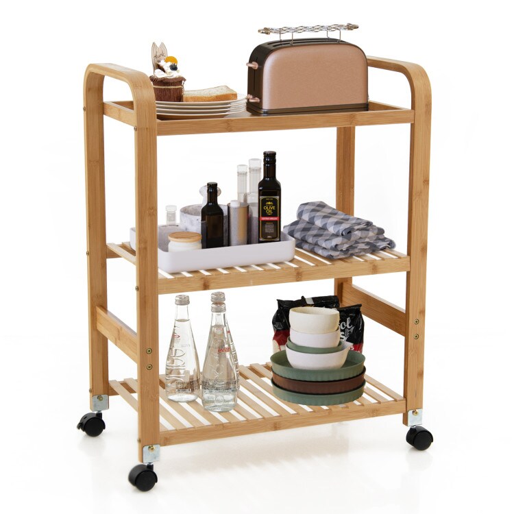 Bamboo Utility Cart with Storage Shelf and Lockable Casters-4-Tier