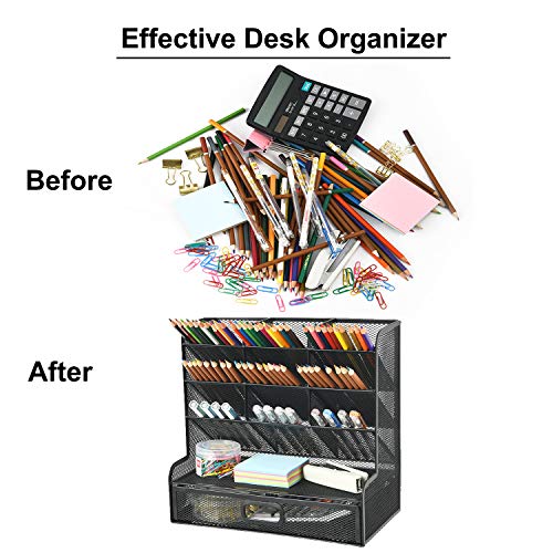 Mesh Desk/ Desktop Stationary Organizer, Multi-Functional Pen Holder, Storage Rack for School Home Office Art Supplies (Black Mesh Pen Holder with Drawer)