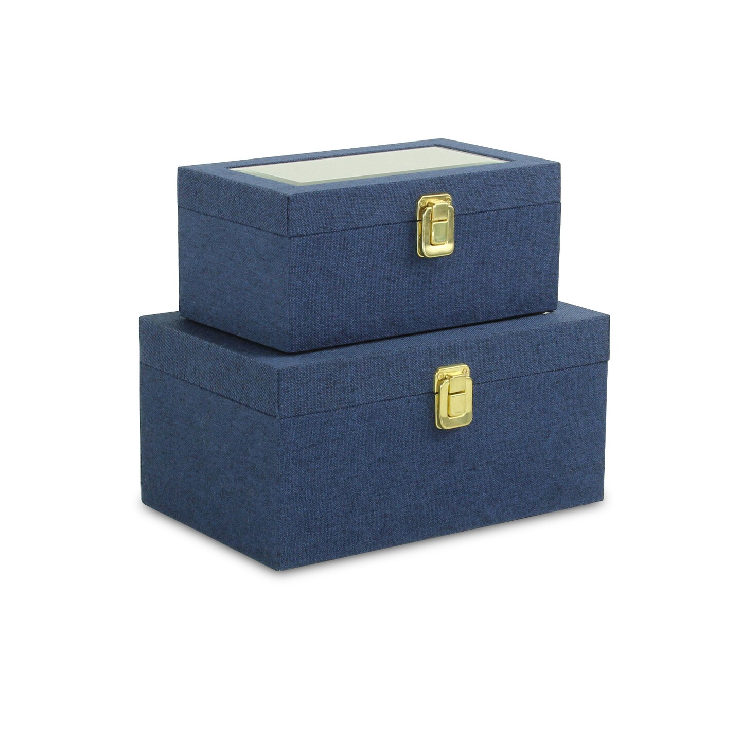 Contemporary Home Living Set of 2 Navy Blue and Gold Handmade Rectangular Linen Boxes 10.25"