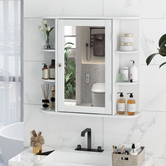 Wall Mounted Mirror Bathroom Storage Cabinet with 3 Adjustable Shelves and 6 Open Side Racks