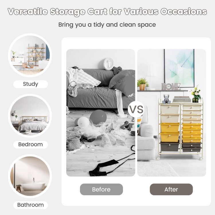 15-Drawers Multi-Use Rolling Storage Organizer Cart with Chrome Finish Steel Frame Perfect for Any Room