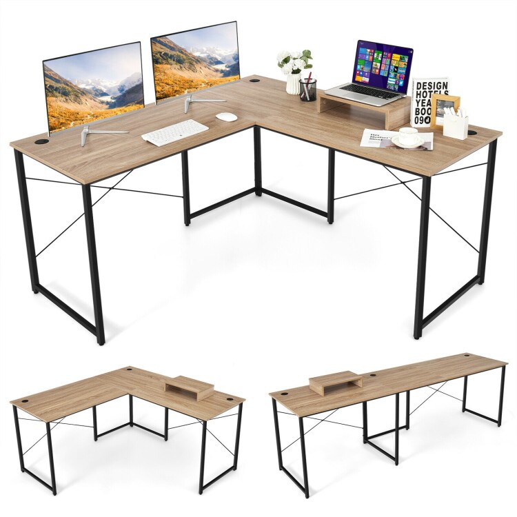 2-Person L-Shaped Long Reversible Computer Desk with Monitor Stand and Steel Frame