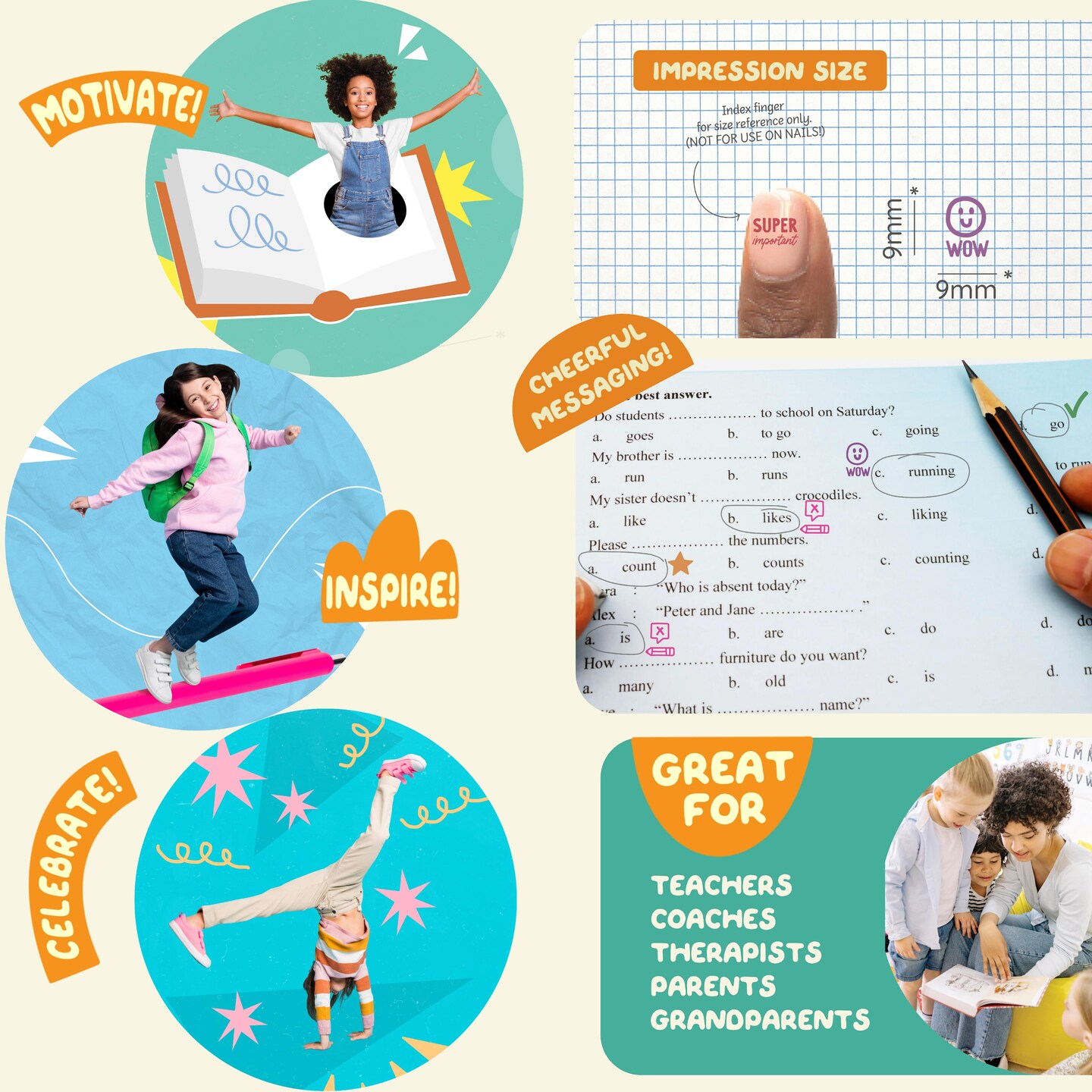 Stamp Enjoy - Self-Ink Flash Stamp Set, Multicolor Teacher Stamps, Office Stationery Stamps, Pre-Inked (Margin Stamps)