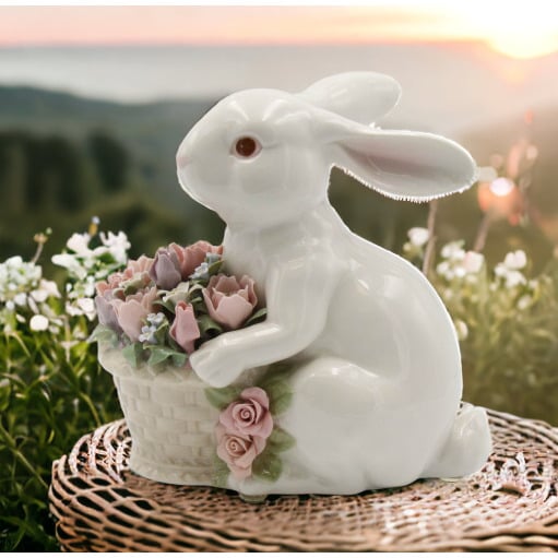 kevinsgiftshoppe Ceramic Bunny Rabbit With Flower Basket Figurine Home ...