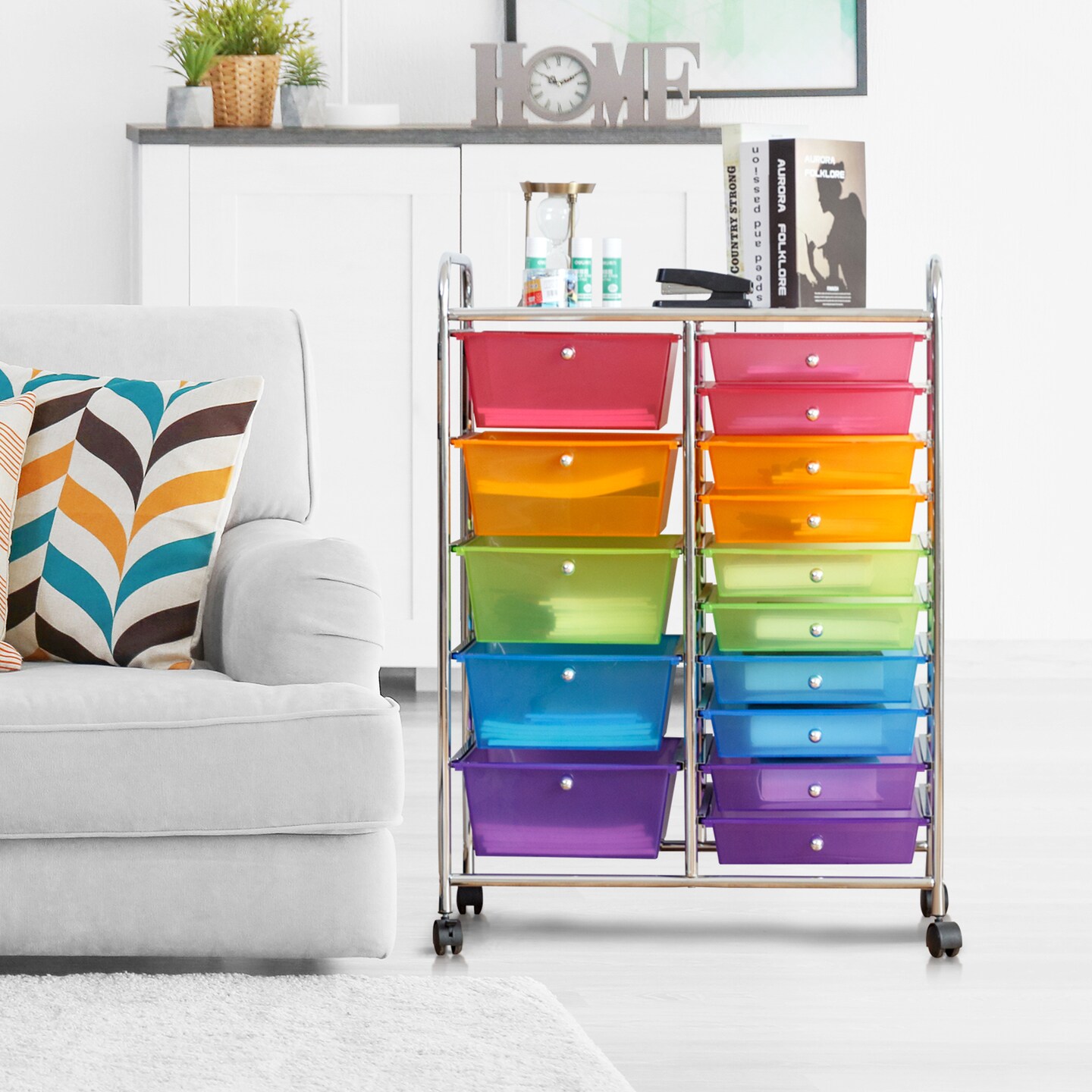 15-Drawers Multi-Use Rolling Storage Organizer Cart with Chrome Finish Steel Frame Perfect for Any Room