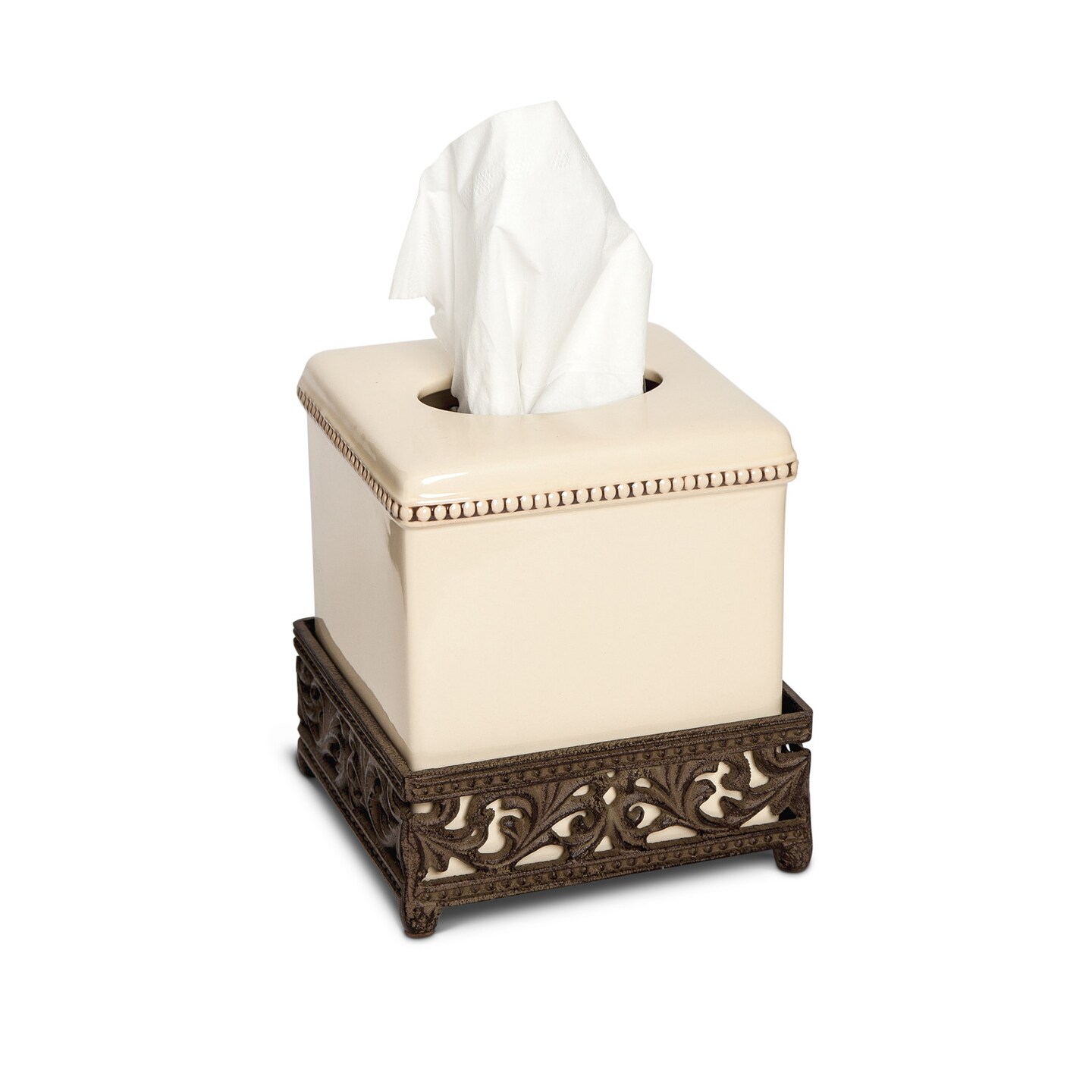 Gerson 7&#x22; Cream and Brown Unique Square Tissue Box with Acanthus Leaf Metal Base
