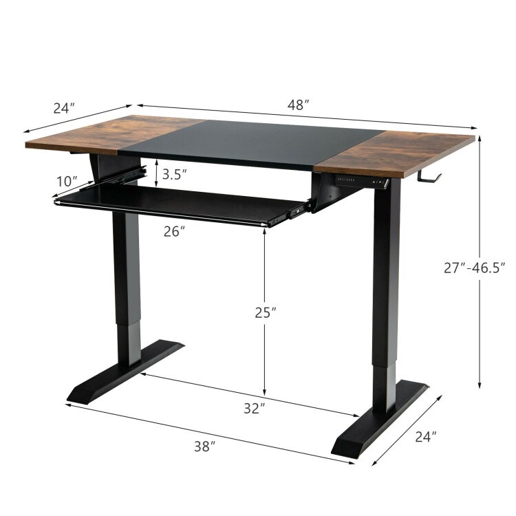 48 Inch Electric Sit to Stand Desk with Keyboard Tray and 2 Hanging Hooks