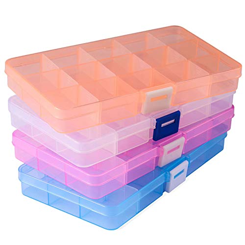 4 PCK Jewelry Organizer, SMALL Plastic Jewelry Box(15 grids) with Movable Dividers Earring Storage Containers, Size 6.9×3.9×0.9in