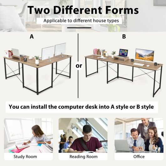 2-Person L-Shaped Long Reversible Computer Desk with Monitor Stand and Steel Frame