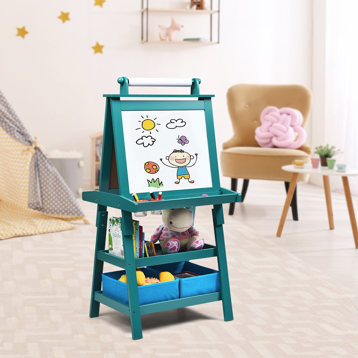 2-in-1 Kids Wooden Art Table and Art Easel Set with Chairs Storage Bins Paper Roll-Gray | Costway