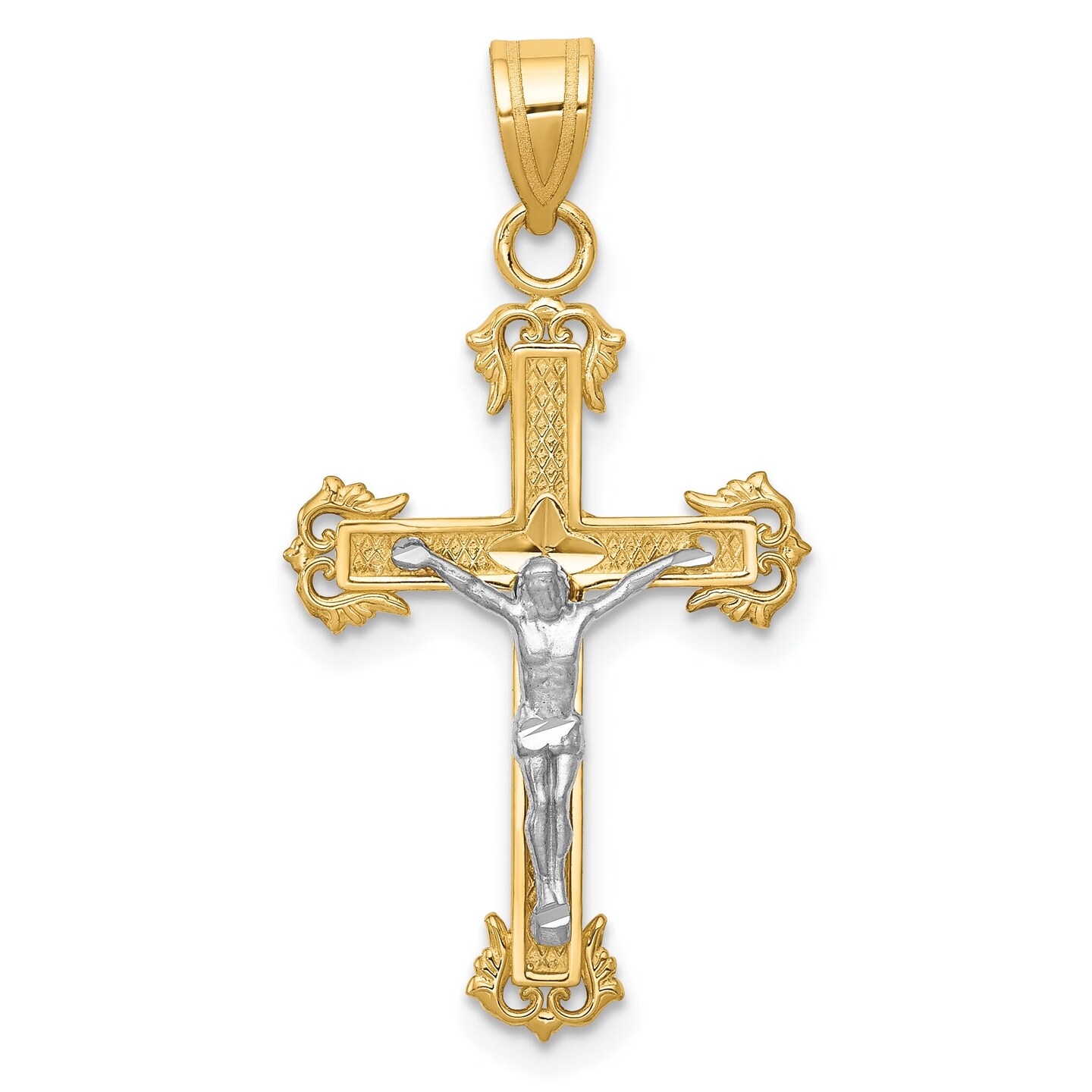 14K Two Tone Gold Diamond Cut Crucifix Pendant Charm Jewelry 33 x 16 mm