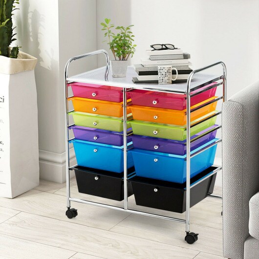 Mobile 12-Drawer Storage Organizer Cart with Ventilated Top Locking Wheels and Sturdy Frame