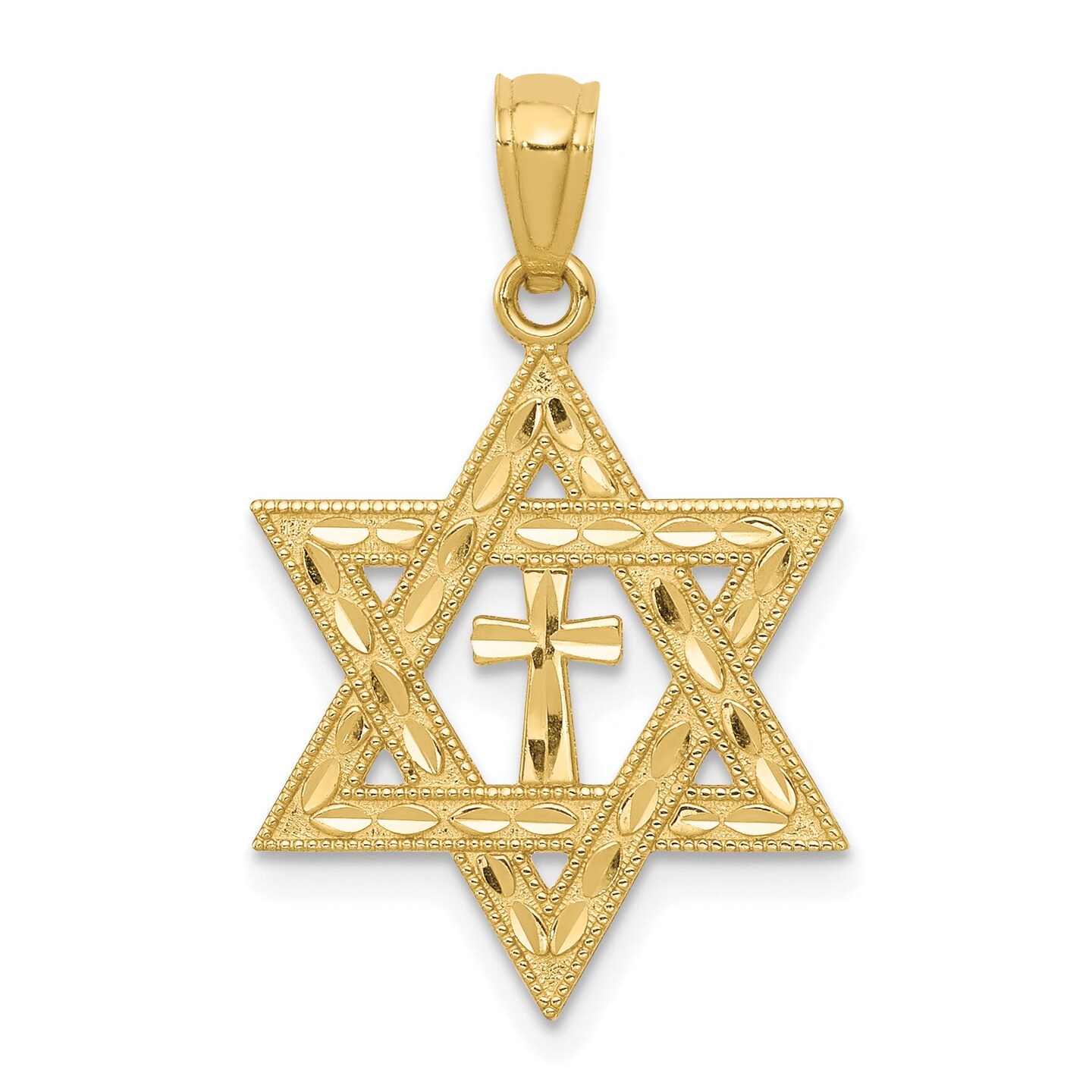 14k Yellow Gold Diamond-Cut Star Of David With Cross Pendant - Measures 16x16mm - JewelryWeb