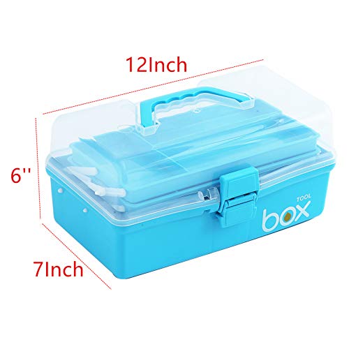 12'' Three-Layer Clear Plastic Craft Storage Box, Tool Box/Sewing Box Organizer, Art Storage Box with Handle (Light Blue)