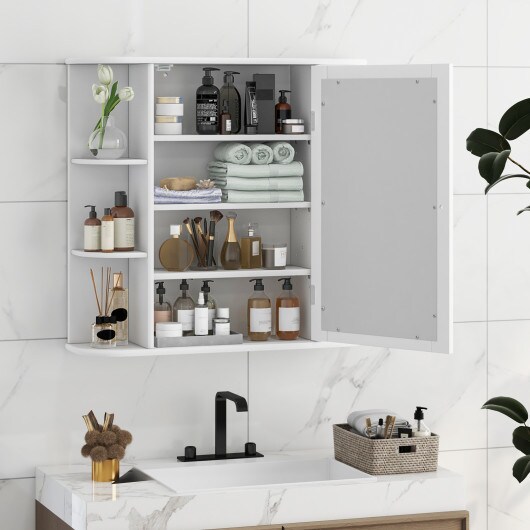 Wall Mounted Mirror Bathroom Storage Cabinet with 3 Adjustable Shelves and 6 Open Side Racks