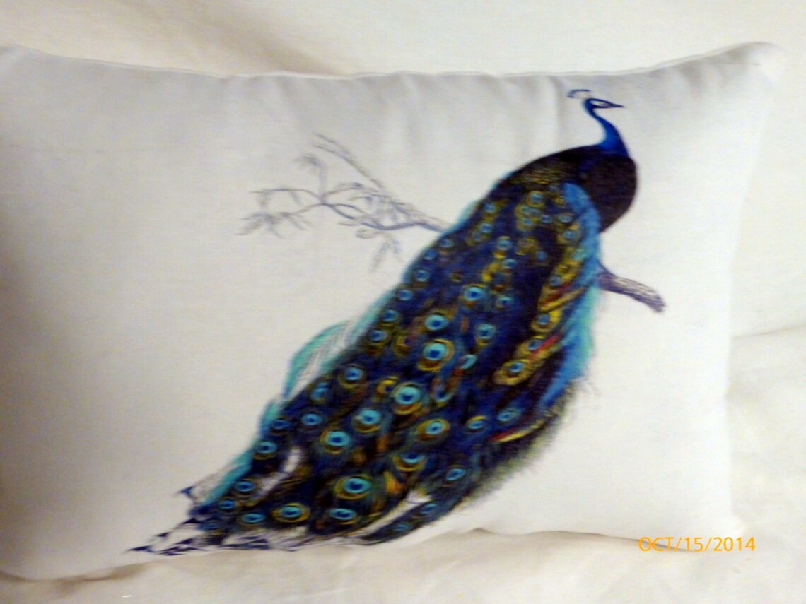 Peacock Accent pillow Linen pillow Bird pillows MakerPlace by