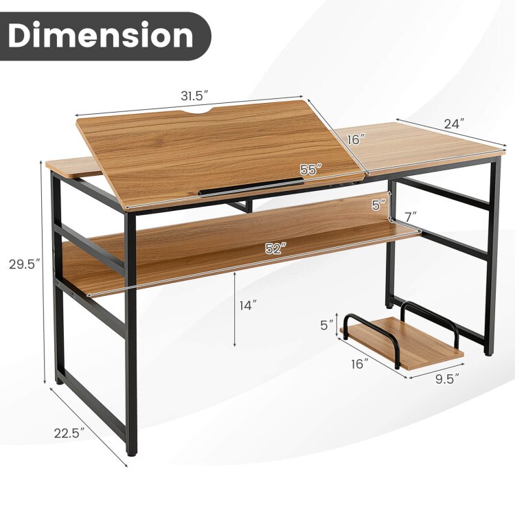 55 Inch Computer Desk with Tilt-able Desktop for Drawing Writing- Natural