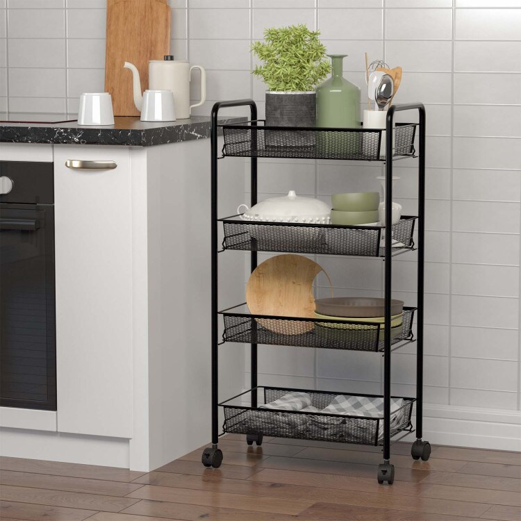 Black/Gray 4 Tier Storage Rack Trolley Cart