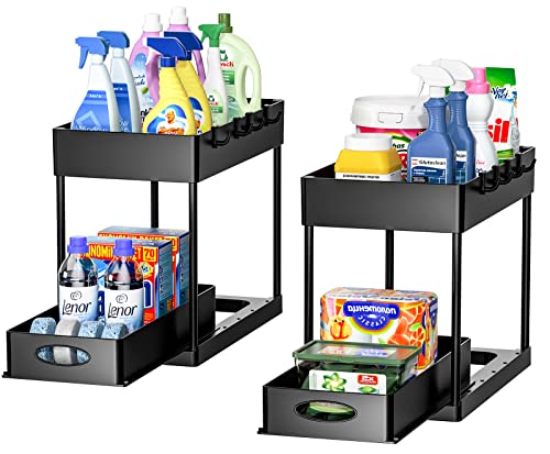 2 Kitchen Cabinet Basket Organizers, Slide Out Plastic Storage