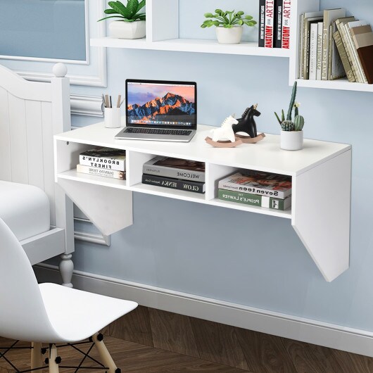 Wall Mounted Floating Sturdy Computer Table with Storage Shelf and Three Compartments Below Desk