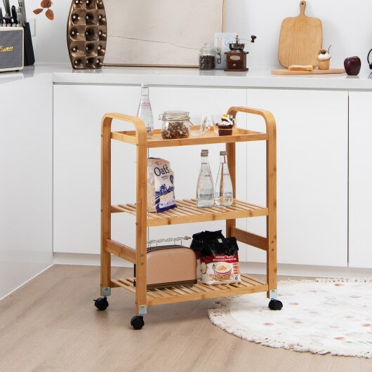 Bamboo Utility Cart with Storage Shelf and Lockable Casters-4-Tier