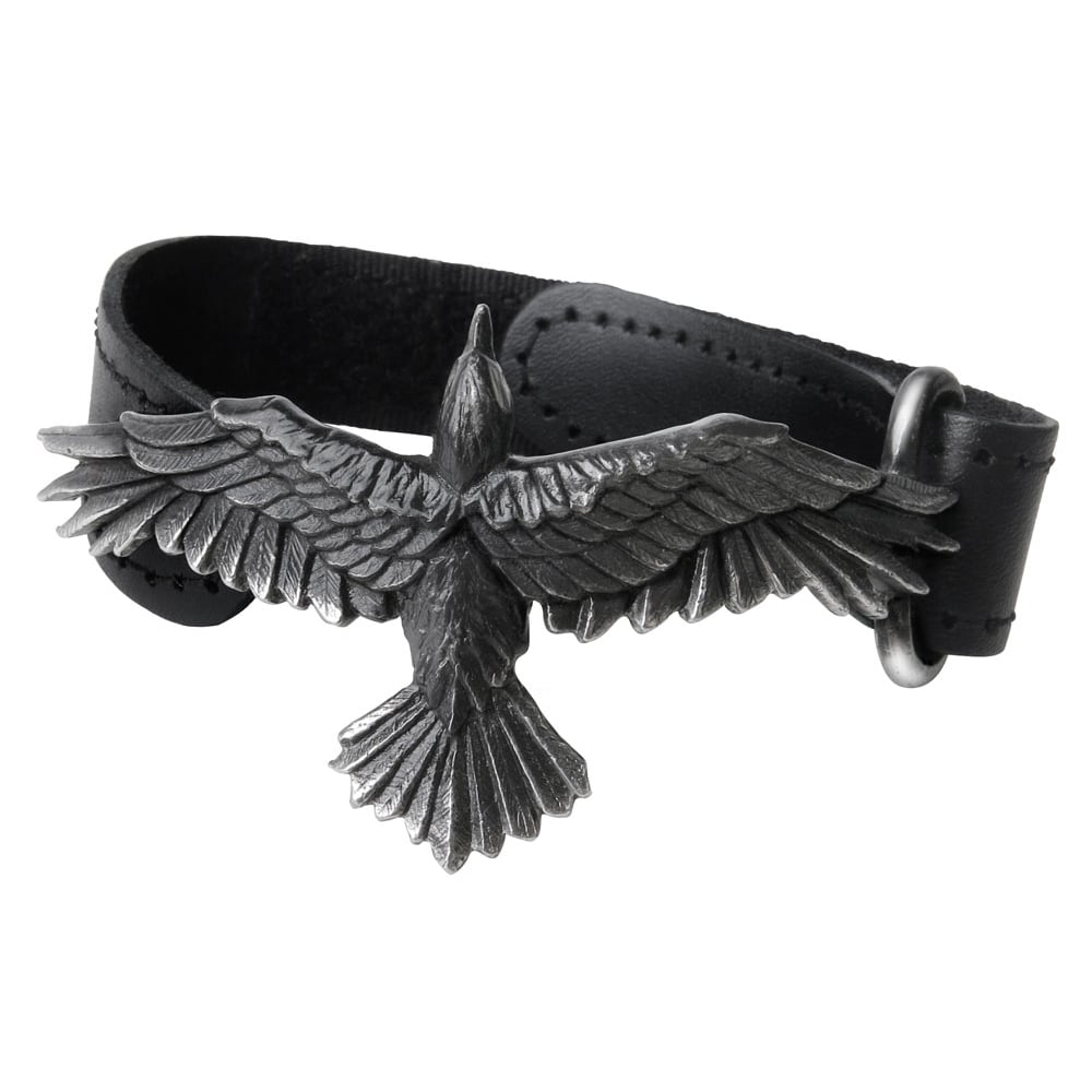 Alchemy Gothic   One Size Adjustable Black Leather Consort Wriststrap With Highlighted Trailing Edge Feathers
