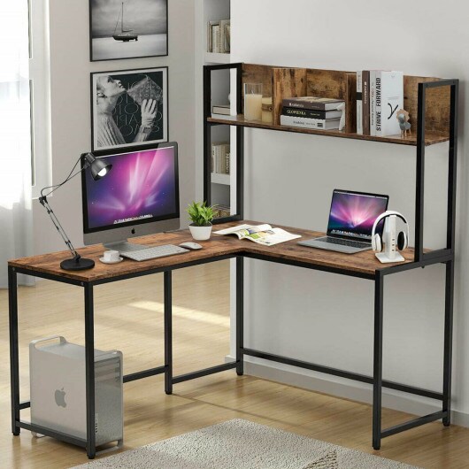 Reversible L-Shaped Corner Desk with Storage Bookshelf and Open Storage Hutch
