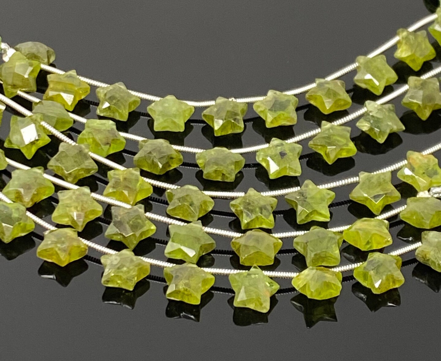Rare Peridot Gemstone, Hand Carved Star Beads, Green - 5 Strand/ 10 Beads, 10mm