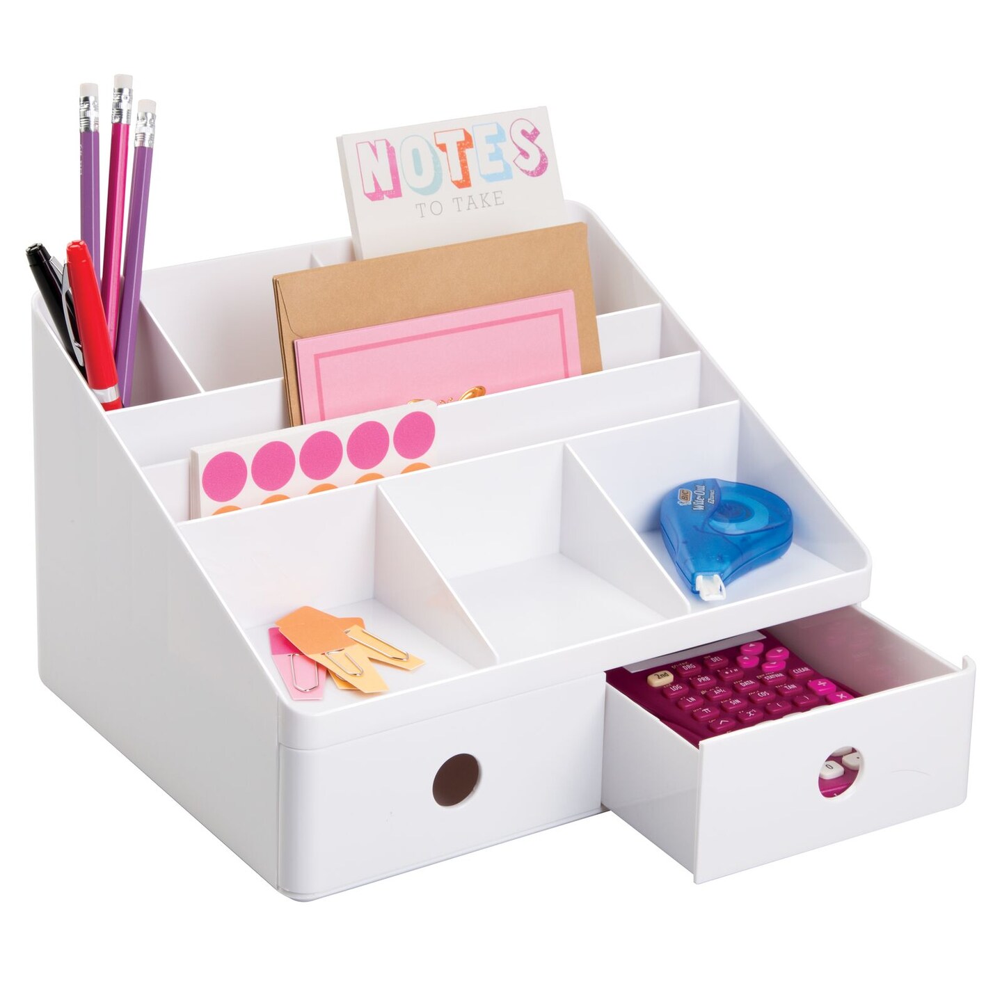 mDesign Large Plastic Divided Home Office Desk Organizer with 2 Drawers - White