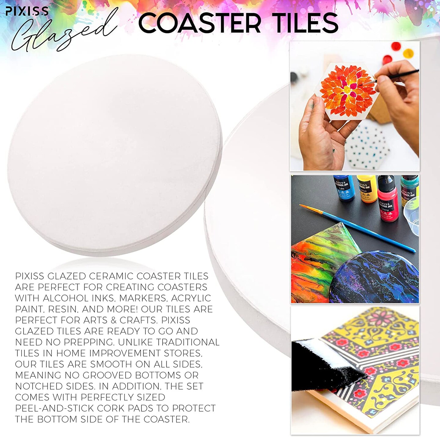 Pixiss Glazed Glossy White Coasters - Round 50 Pack