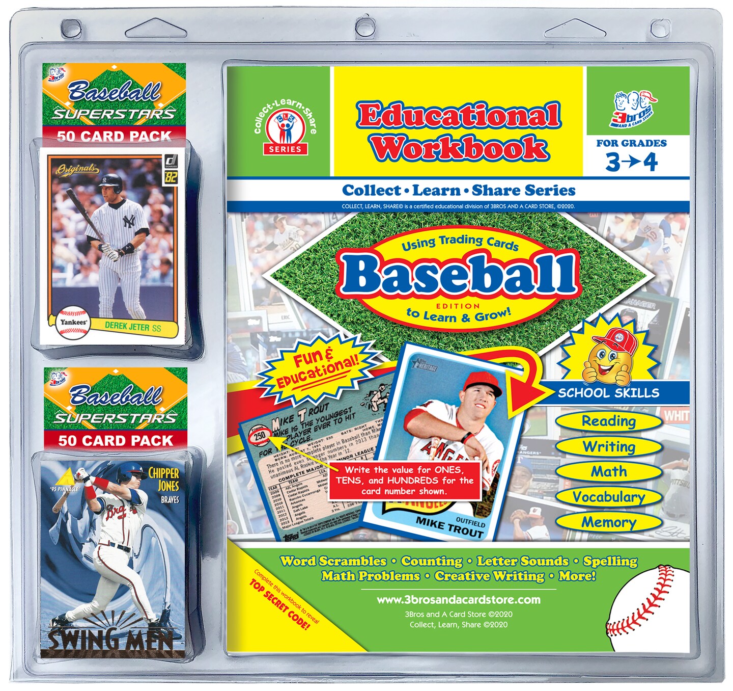 EDUCATIONAL WORKBOOK/ BASEBALL CARD COMBO PACK GRADES 3-4