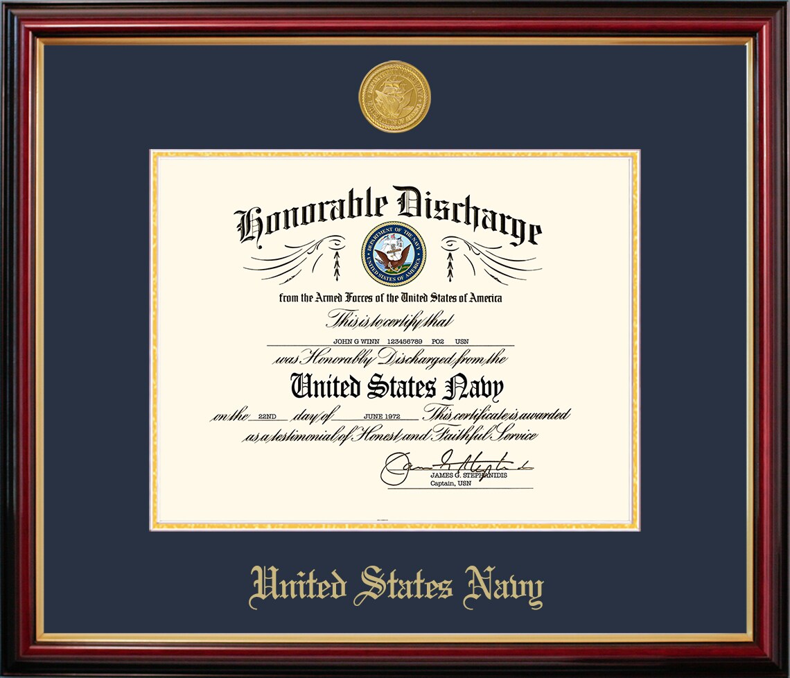 Patriot Frames Navy 8.5x11 Discharge Petite Frame with Gold Medallion