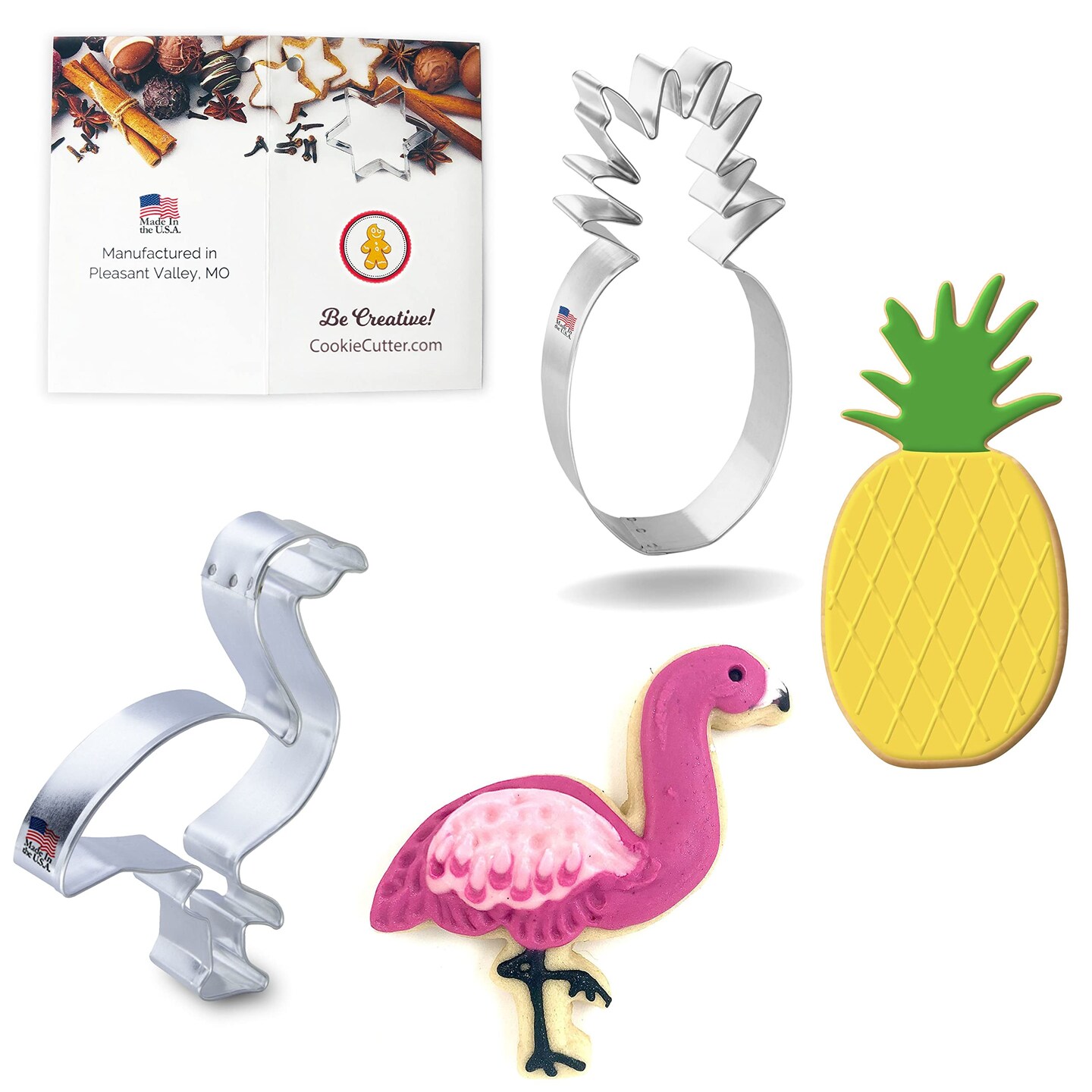CookieCutter.Com Cool In The Tropics Cookie Cutter Set - 5.25 in Pineapple, 3.75 in Flamingo - Cookie Recipe - USA Made Tin Plate Steel