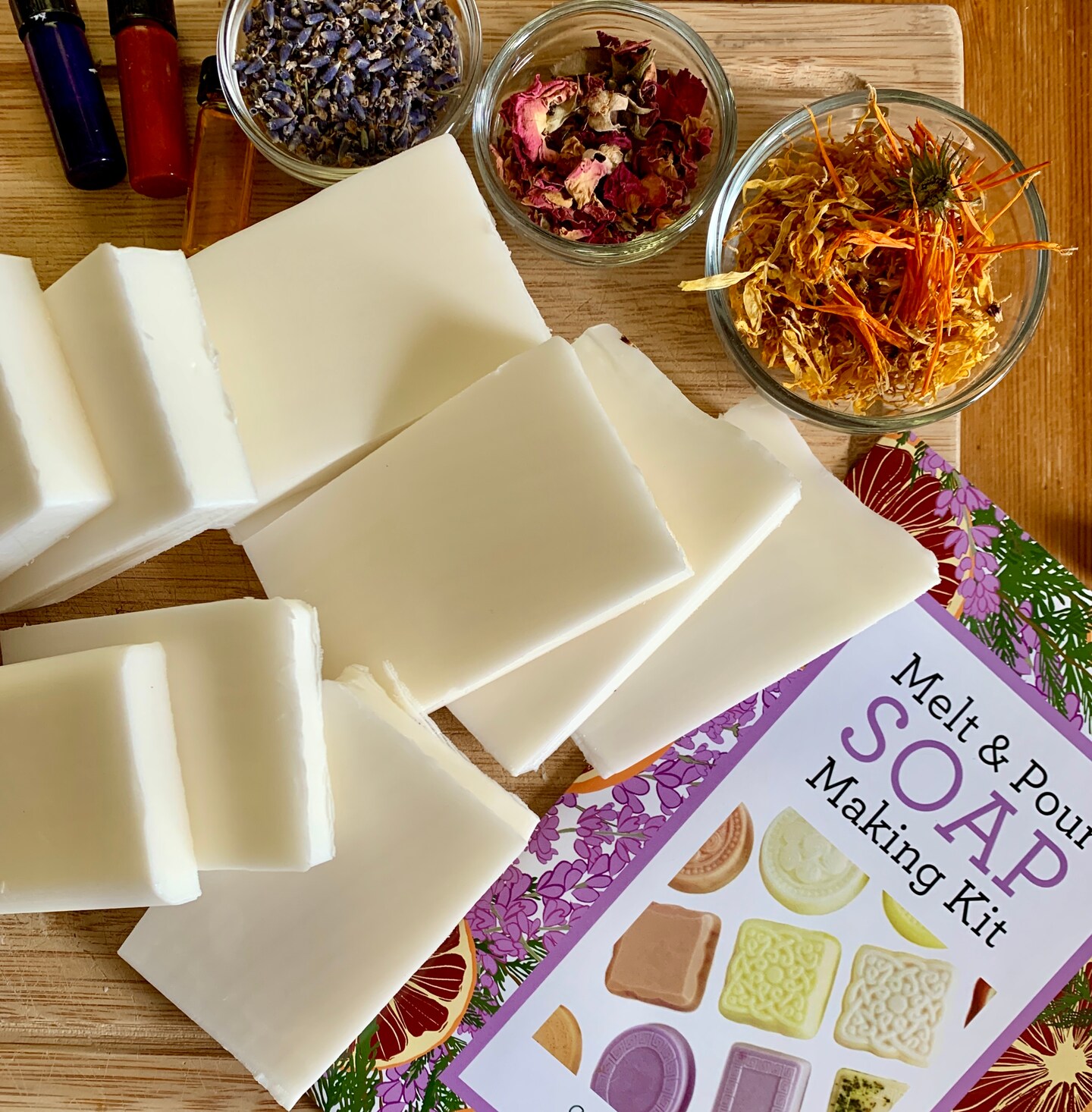 Soap Making DIY Kit - Luxurious Cocoa Butter Bars with dried flowers and soap dyes