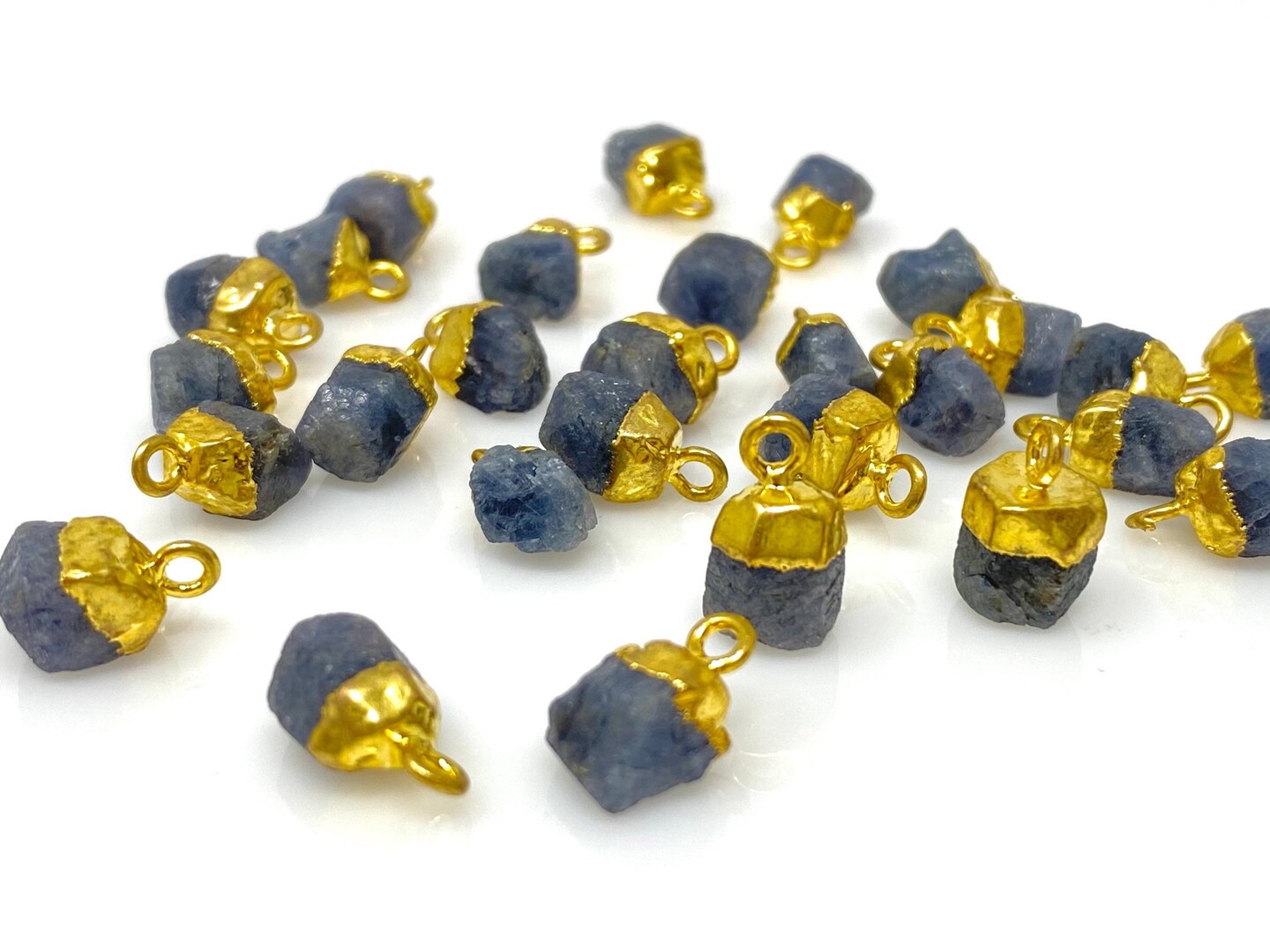 Rough Gold Electroplated Sapphire Gemstone Cap Charms, Blue - 12mm- 15mm - 10 Pieces
