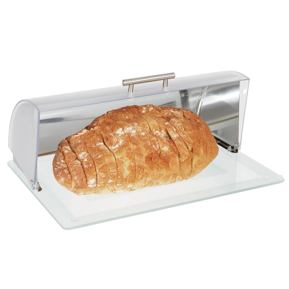 mDesign Metal Kitchen Countertop Bread Box, Roll Top Lid, Glass Base - Brushed