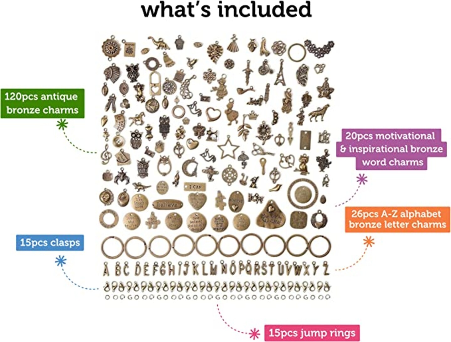 Incraftables 60pcs Silver Word Charms &#x26; 166pcs Bronze Charms Set w/ 120pcs Antique Charms (Small &#x26; Large), 20pcs Word Charms &#x26; 26pcs A-Z Letter Charm for Jewelry Making. Bulk DIY Necklace, Bracelet.