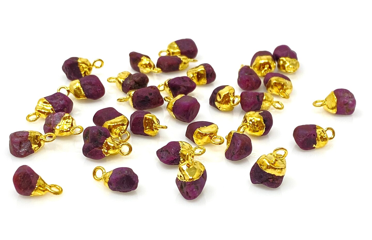 Rough Gold Electroplated Ruby Gemstone Cap Charms, Red - 12mm- 15mm - 10 Pieces