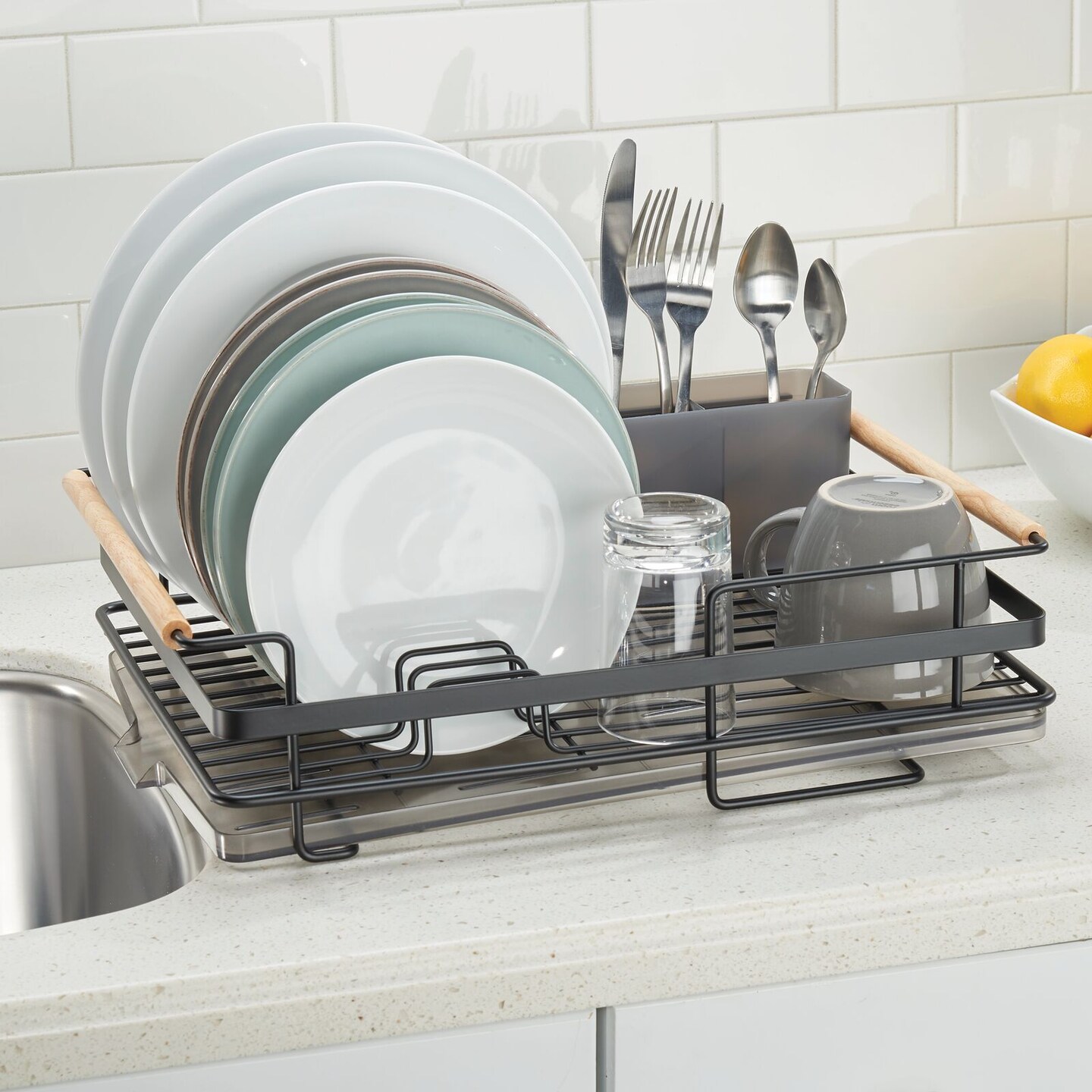 mDesign Metal Drainboard - Plastic Cutlery Tray/Wood Handles