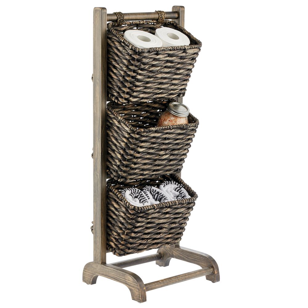 mDesign Water Hyacinth 3-Tiered Storage Baskets Floor Stand